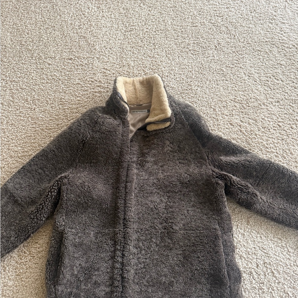 Giorgio Armani Cozy Gray Sherpa Jacket with Cream Trim men’s coat size large